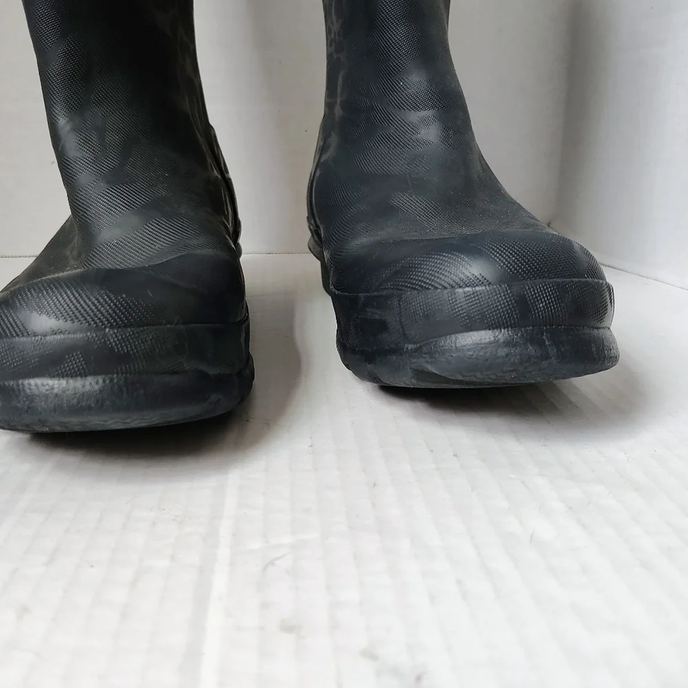 RARE Hunter Matte Dark Navy Leopard Print Faux Shearling Lined Tall Boots Sz 37